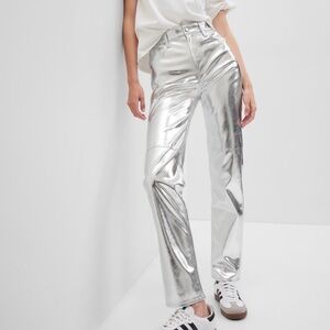 GAP Vegan Leather Cheeky Straight High Rise Silver Metallic Pants Size 30 | 10R